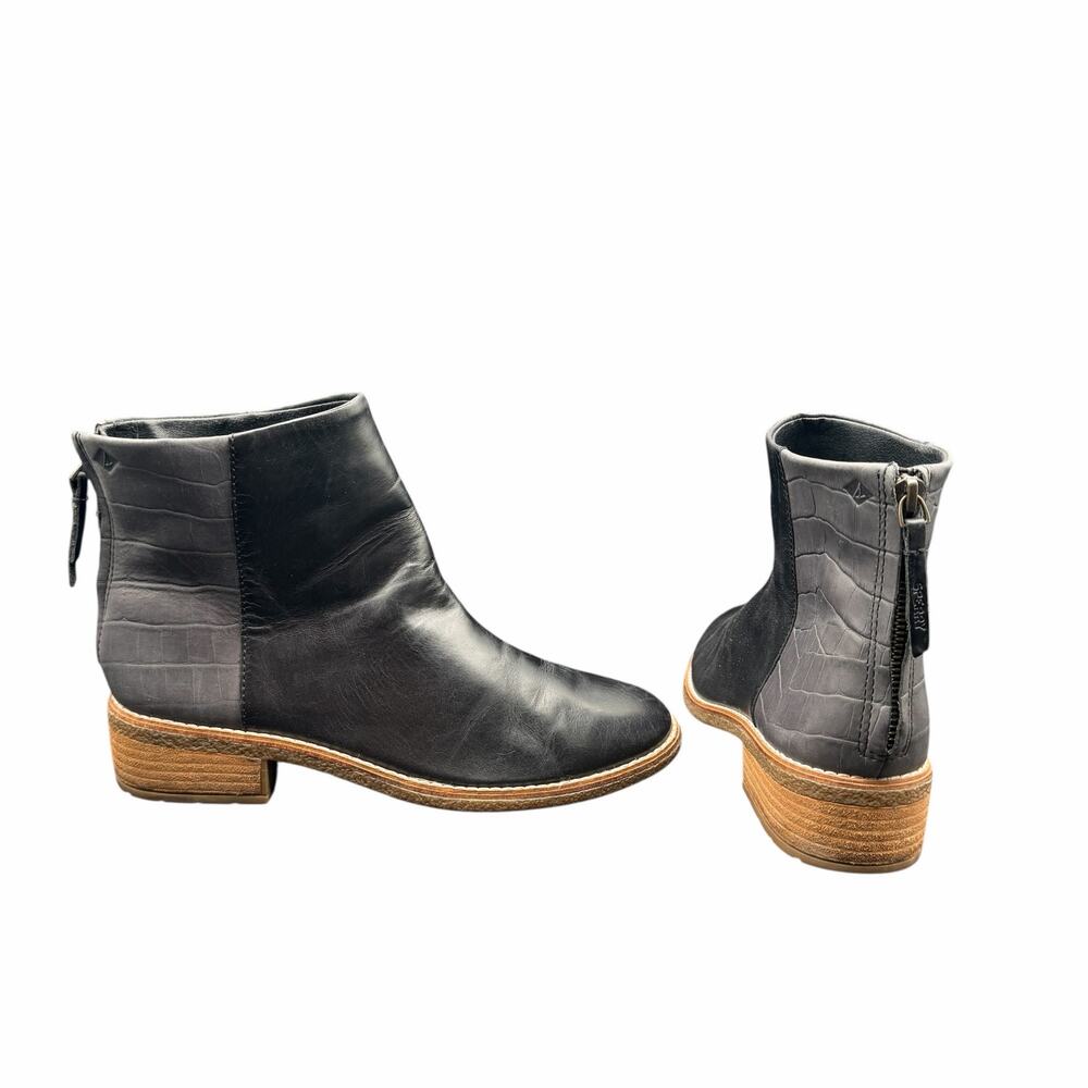 Sperry Black Leather Ankle Boots Croc Embossed Back Zip Womens 8.5